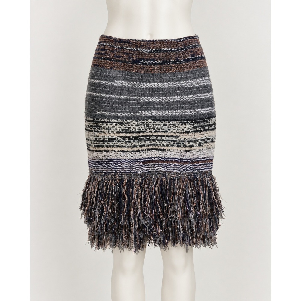 Cecilia Prado Knit Fringe Pencil Skirt Gray Metallic Space Dye Midi Brazil